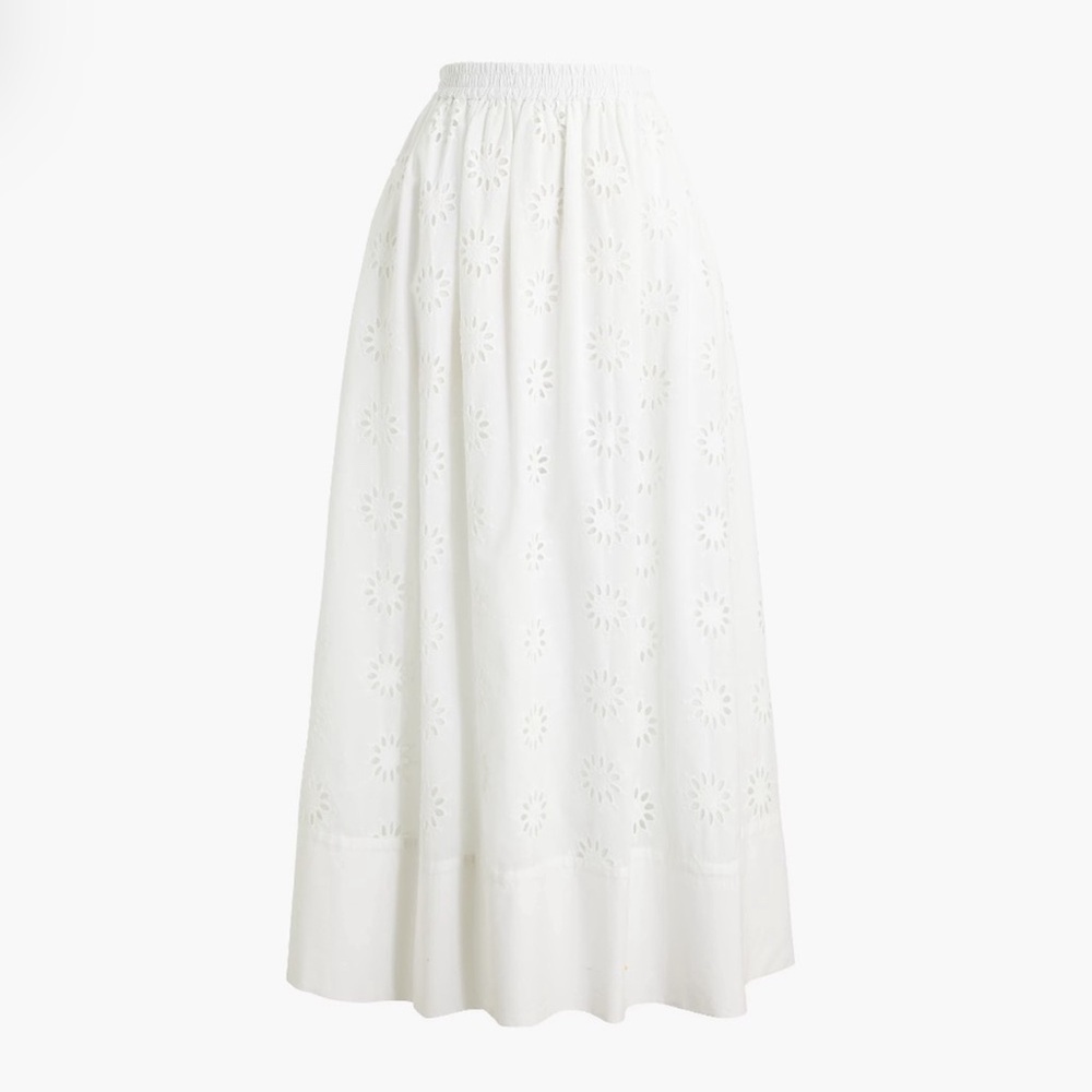 Eyelet midi skirt with elastic waistband.